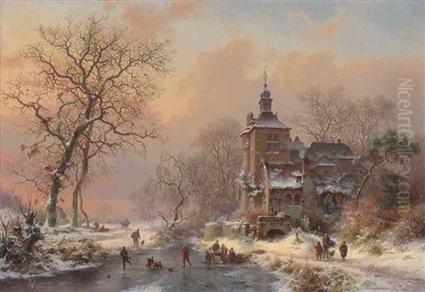 Winter Landscape With Skaters On A Frozen River Oil Painting by Frederik Marinus Kruseman