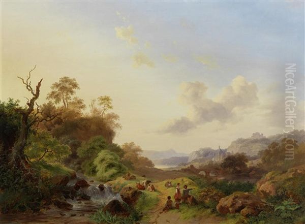 Summer Landscape With Figures And Cattle Near A Waterfall Oil Painting by Frederik Marinus Kruseman