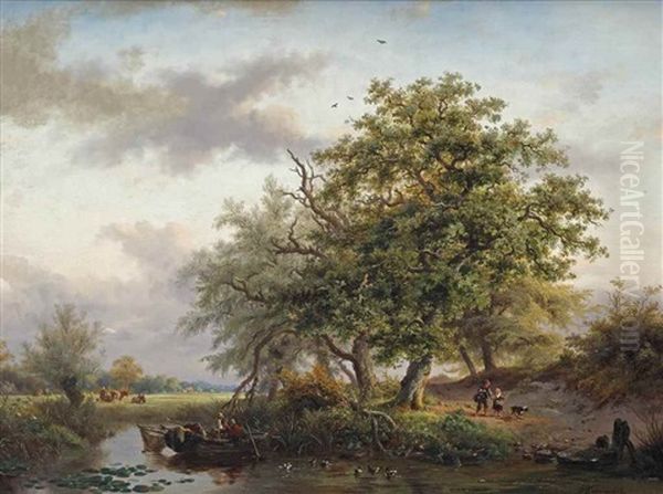 A Summer Landscape With A Fishing Boat On A Pond Oil Painting by Frederik Marinus Kruseman