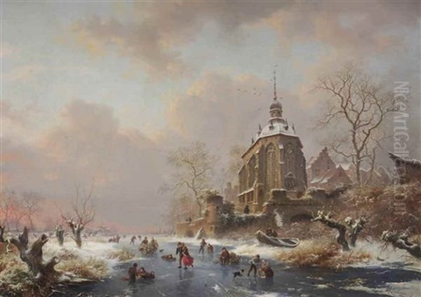 Winter Fun On The Ice Near A Castle Oil Painting by Frederik Marinus Kruseman