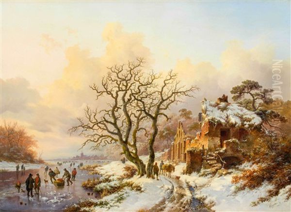 Winterlandschaft Mit Schlittschuhlaufern Vor Den Ruinen Der Kapelle Von Villiers-la-ville Oil Painting by Frederik Marinus Kruseman