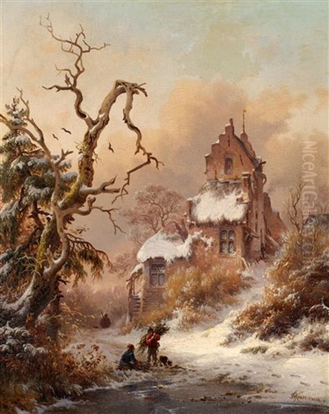 Winterlandschaft Mit Reisigsammlern Oil Painting by Frederik Marinus Kruseman