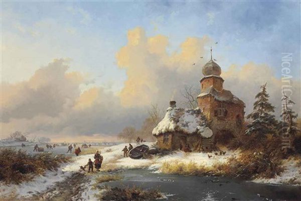 Winter Landscape With Ice Amusements On A Frozen River Oil Painting by Frederik Marinus Kruseman