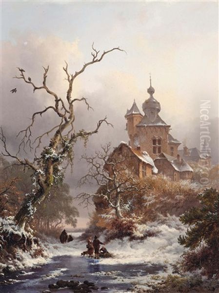 An Idyllic Winter Scene With Woodgatherers Near A Castle Oil Painting by Frederik Marinus Kruseman