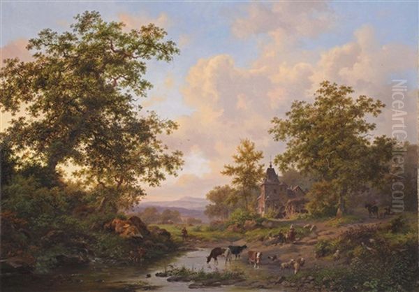 A Sunlit River Landscape With Shepherds Resting Near A Stream Oil Painting by Frederik Marinus Kruseman