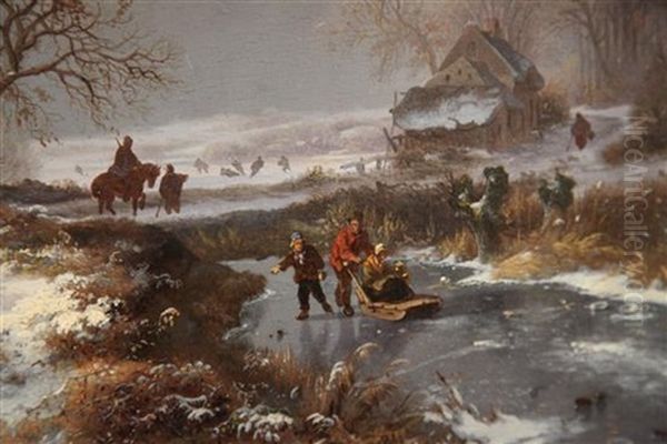 Travellers In A Winter Landscape Oil Painting by Frederik Marinus Kruseman