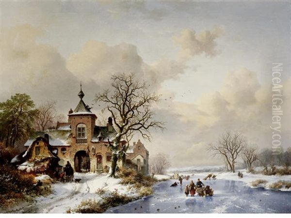 Frozen Waterway Beside A Castle Oil Painting by Frederik Marinus Kruseman