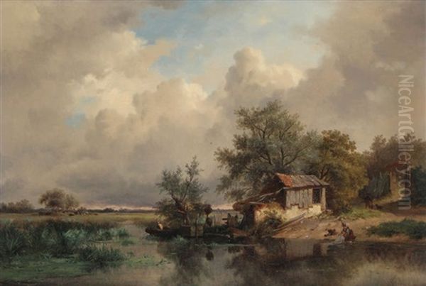 Paysage Marecageux En Hollande Anime D'une Jeune Femme A La Lessive Et D'un Pecheur Dans Une Chaloupe Au Bord De La Rive Oil Painting by Frederik Marinus Kruseman