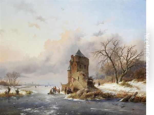 A Winter's Evening Oil Painting by Frederik Marinus Kruseman