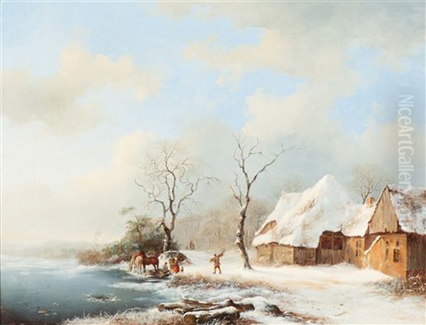 Winter Landscape With Riders Near A Farm Oil Painting by Frederik Marinus Kruseman