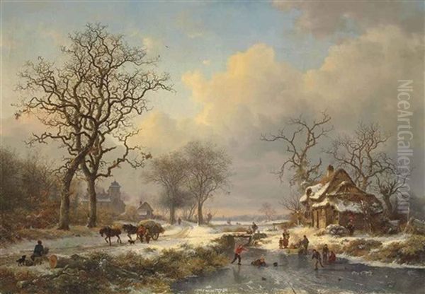 Winter Landscape With Children Playing On The Ice Oil Painting by Frederik Marinus Kruseman