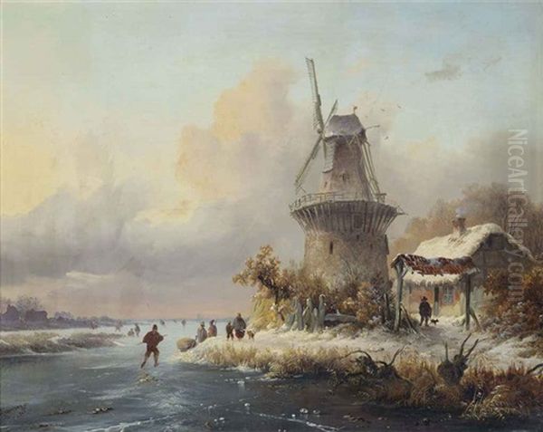 Skaters By A Windmill Oil Painting by Frederik Marinus Kruseman