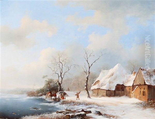 Winter Landscape With Riders By A Farm Oil Painting by Frederik Marinus Kruseman