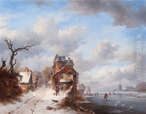 Winter Landscape With Skaters On The River And Strollers Alongside On A Village Path Oil Painting by Frederik Marinus Kruseman