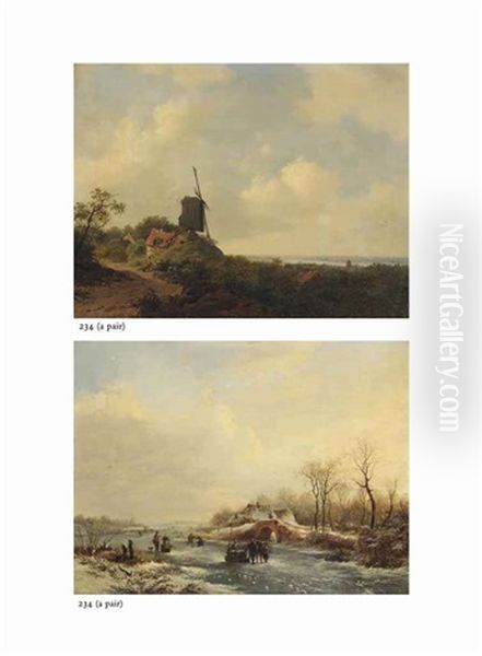 A Summer View Over A River Valley With Figures Near A Mill (+ A Winter View Of A Frozen Waterway With Figures On The Ice By A Bridge; Pair) Oil Painting by Frederik Marinus Kruseman