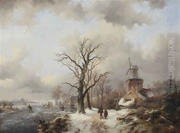 A Winter Landscape With Figures On A Snowy Path By A Windmill And Skaters On A Frozen Waterway Near A Koek En Zopie Oil Painting by Frederik Marinus Kruseman