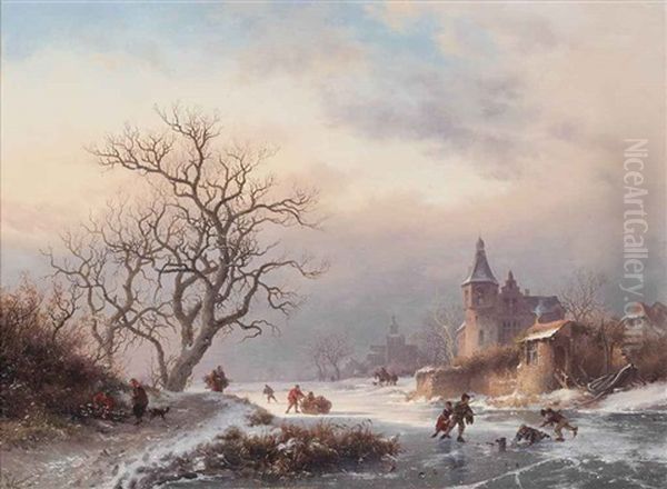 Skaters Playing On A Dutch Waterway Oil Painting by Frederik Marinus Kruseman