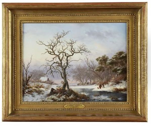 A Winter Landscape Oil Painting by Frederik Marinus Kruseman