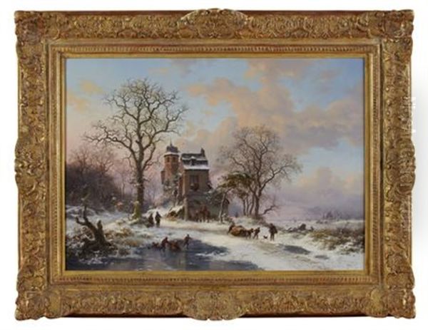 A Dutch Winter Landscape Oil Painting by Frederik Marinus Kruseman