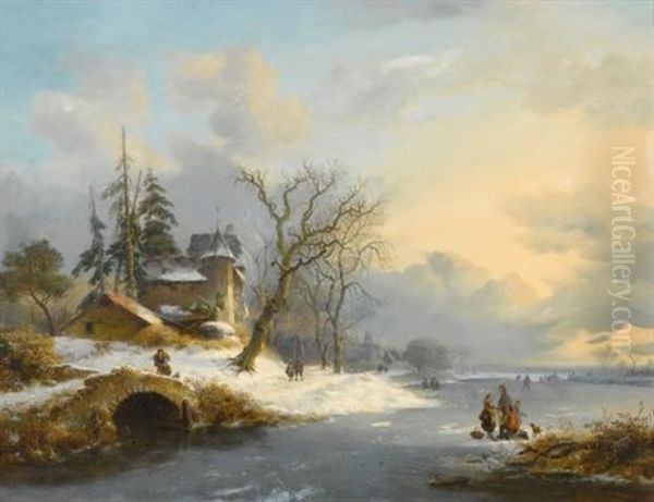 Winter Landscape With Strollers And Skaters Oil Painting by Frederik Marinus Kruseman