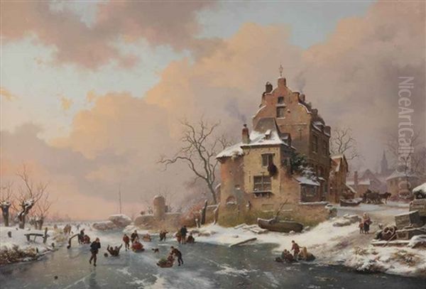 Figures On A Frozen Waterway Enjoying A Wintersday Oil Painting by Frederik Marinus Kruseman