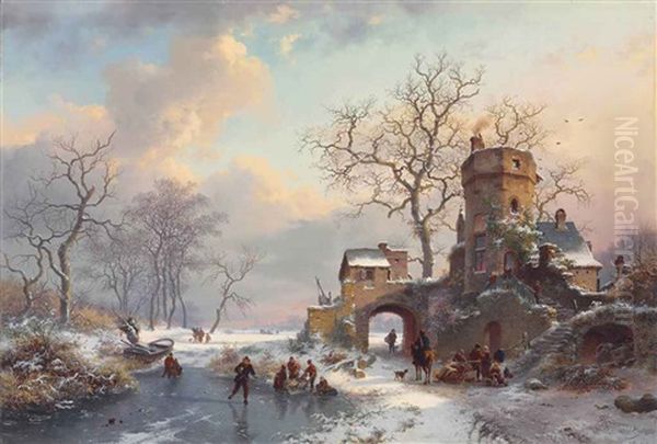 Winter Landscape With Figures On The Ice Oil Painting by Frederik Marinus Kruseman