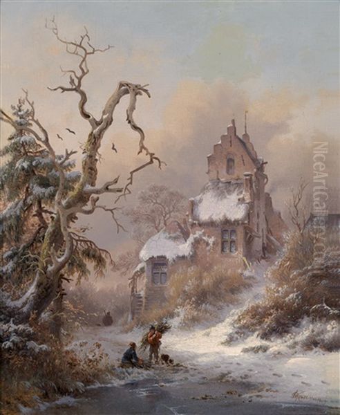 Winterlandschaft Mit Reisigsammler Oil Painting by Frederik Marinus Kruseman