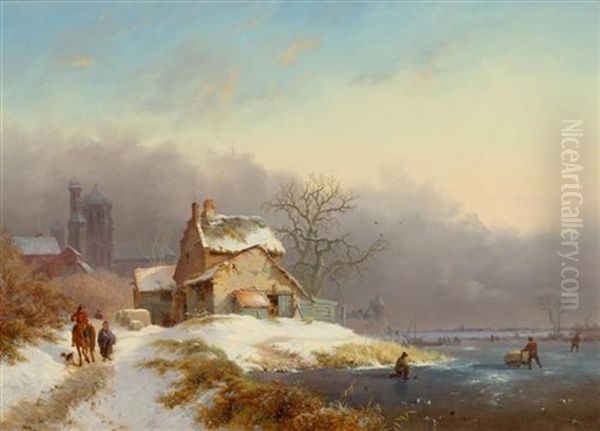 Winterlandschaft Mit Figuren Auf Einem Gefrorenen See Oil Painting by Frederik Marinus Kruseman