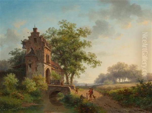 Gegenstucke: Sommerlandschaft Mit Figuren Bei Einem Stadttor / Winterlandschaft Mit Blick Auf Die Ruine Von Schloss Brederode by Frederik Marinus Kruseman