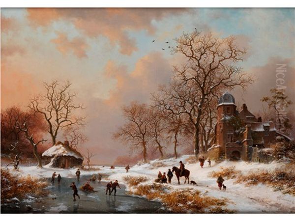 Winterlandschaft Mit Altem Villengebaude Und Eislaufern An Gefrorenem Bachlauf Oil Painting by Frederik Marinus Kruseman