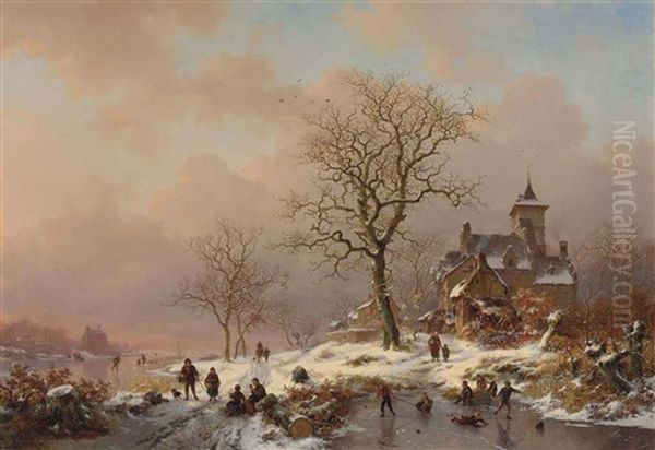 Winter Landscape With Figures Playing On The Ice Oil Painting by Frederik Marinus Kruseman