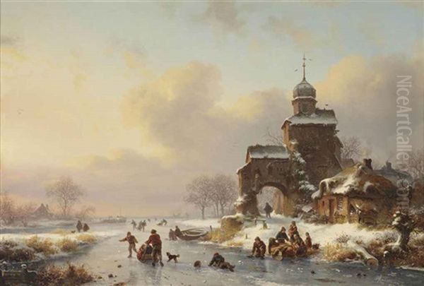 Skaters On A Frozen Waterway Near A Castle by Frederik Marinus Kruseman