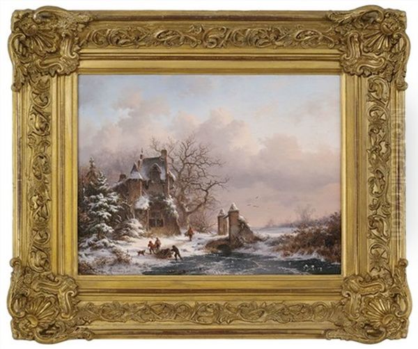 Abendliche Winterlandschaft Mit Einem Villenanwesen Und Holzsammlern Oil Painting by Frederik Marinus Kruseman