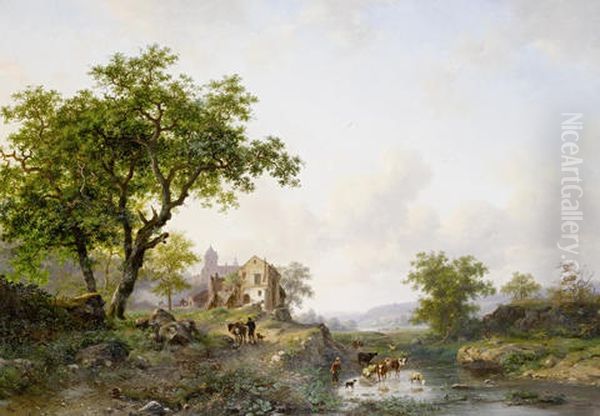 Summer Landscape With Cattle Near A River Oil Painting by Frederik Marinus Kruseman