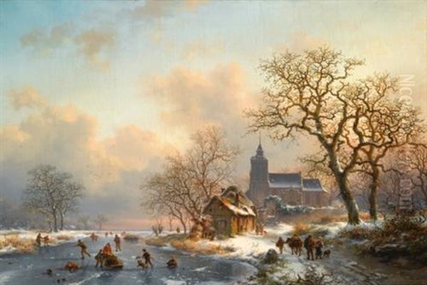 A Winter Landscape With Skaters On A Frozen River Oil Painting by Frederik Marinus Kruseman