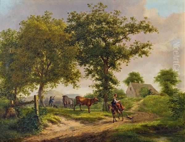 Hirtin Mit Kuhen Oil Painting by Frederik Marinus Kruseman