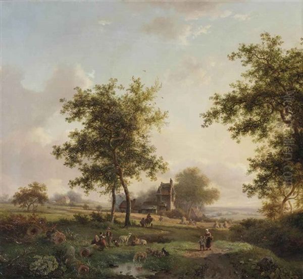 A Shepherd Offering A Woman Flowers In A Summer Landscape Oil Painting by Frederik Marinus Kruseman