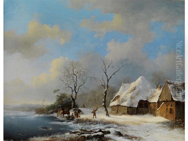 Winterlandschaft Mit Verschneiten Katen, Kahlen Baumen Und Reisigsammlern An Vereistem Ufer Oil Painting by Frederik Marinus Kruseman