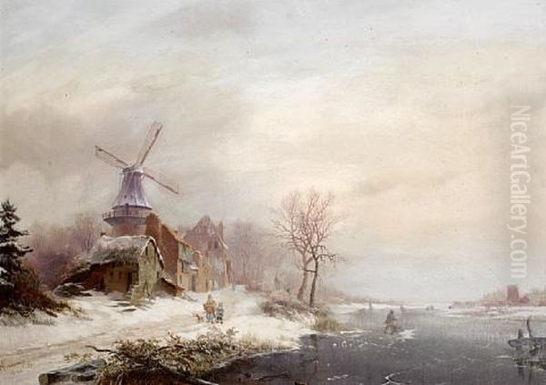 Winter Landscape With Hamlet, Windmill And Figures Oil Painting by Frederik Marinus Kruseman