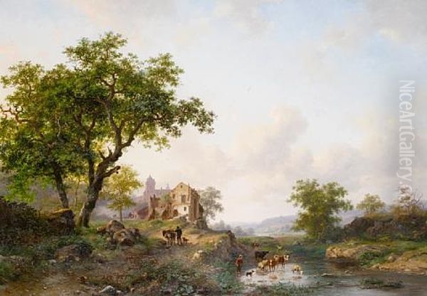 Summer Landscape With Cattle Near A River Oil Painting by Frederik Marinus Kruseman