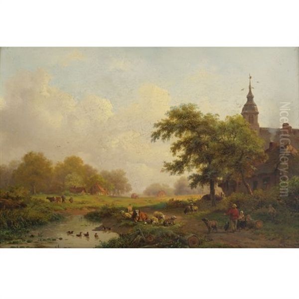 Summer Landscape With Sheperds And Cattle Near A Village Oil Painting by Frederik Marinus Kruseman