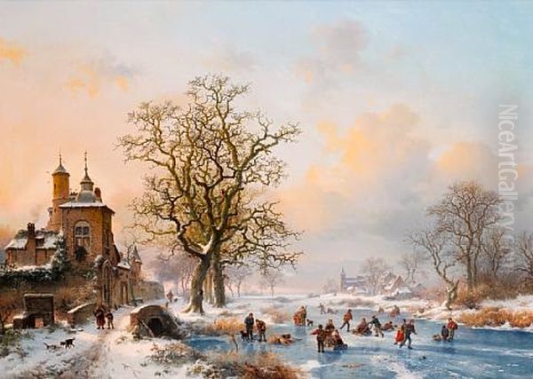 Winter Landscape With Skaters Near A Castle Oil Painting by Frederik Marinus Kruseman