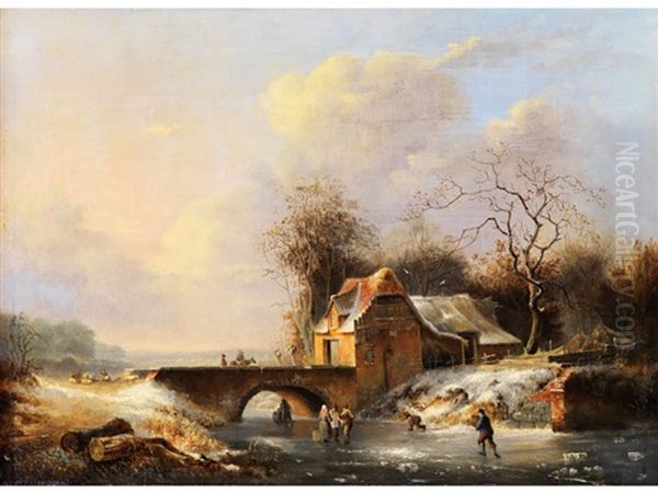 Schlittschuhlaufer Auf Vereistem Flusslauf Vor Steinerner Bogenbrucke Mit Bruckenhaus Und Strohgedecktem Stall Oil Painting by Frederik Marinus Kruseman