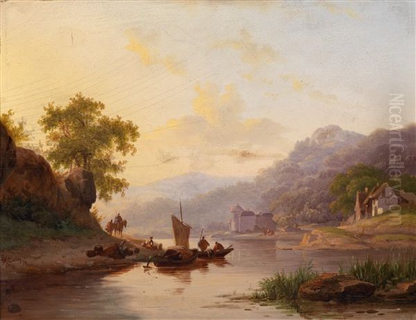 Flusslandschaft Mit Fischern Oil Painting by Frederik Marinus Kruseman