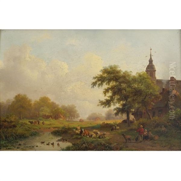 A River Landscape With Cows And Sheep Oil Painting by Frederik Marinus Kruseman