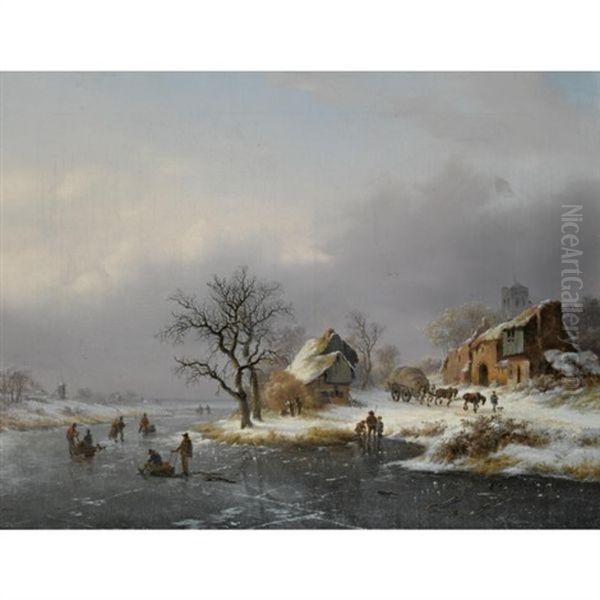 A Winter Landscape With Skaters, A Horse-drawn Cart On A Path Nearby Oil Painting by Frederik Marinus Kruseman