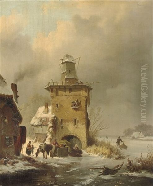 A Winter Landscape With People On A Frozen Waterway Near A Ruinous Mill Oil Painting by Frederik Marinus Kruseman