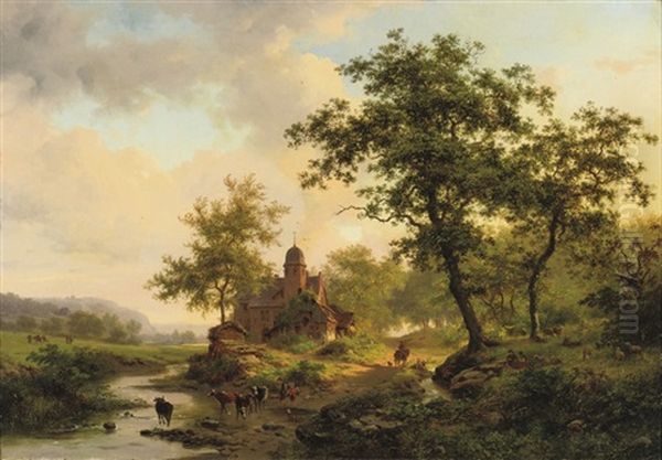 Cattle Drinking From A Stream In A Summer Landscape Oil Painting by Frederik Marinus Kruseman