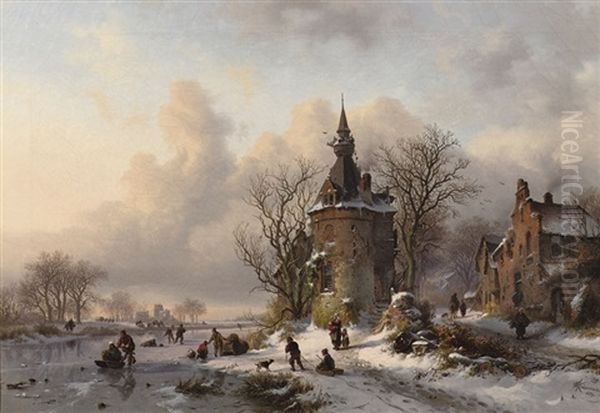 A Winter Landscape With Skaters Near A Castle Oil Painting by Frederik Marinus Kruseman