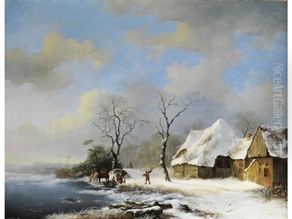 Winterlandschaft Mit Verschneiten Hausern Am Seeufer Mit Figurenstaffage, Pferden Und Einem Reisigsammler Oil Painting by Frederik Marinus Kruseman